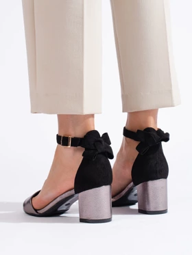 Čierno-strieborné sandále na podpätku s mašľou Potocki